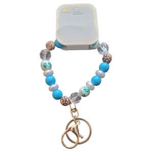 Faux Pearl, Turquoise and Brown Multicolored and Clear Bead Bracelet Keychain